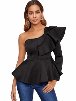 Women's One Shoulder Short Puff Sleeve Self Belted Solid Blouse Top