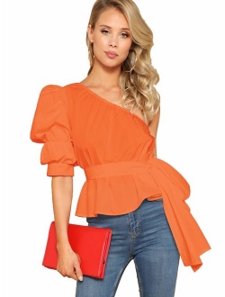 Women's One Shoulder Short Puff Sleeve Self Belted Solid Blouse Top