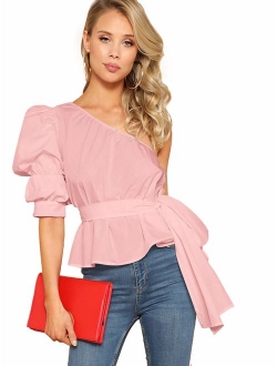 Women's One Shoulder Short Puff Sleeve Self Belted Solid Blouse Top