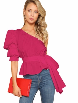 Women's One Shoulder Short Puff Sleeve Self Belted Solid Blouse Top