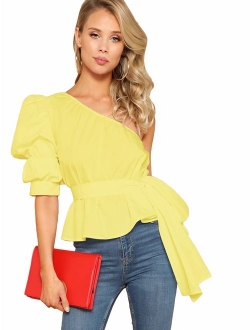 Women's One Shoulder Short Puff Sleeve Self Belted Solid Blouse Top