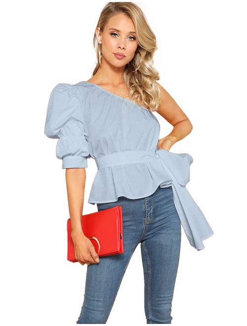 Romwe Women's One Shoulder Short Puff Sleeve Self Belted Solid Blouse Top