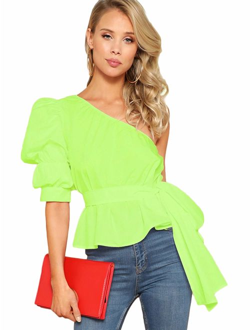 Romwe Women's One Shoulder Short Puff Sleeve Self Belted Solid Blouse Top