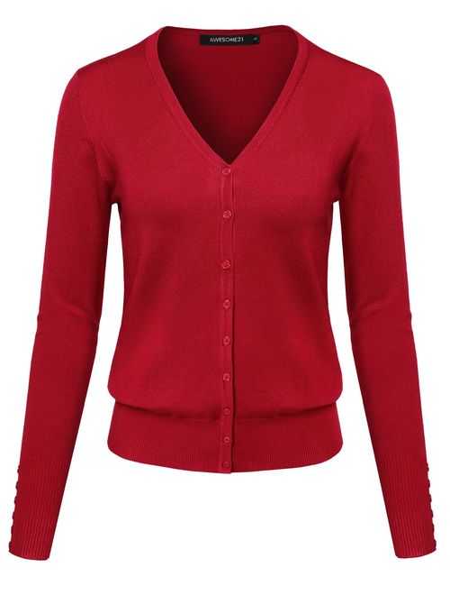 Women's Basic Solid V-Neck Button Closure Long Sleeves Sweater Cardigan