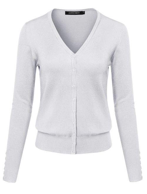 Women's Basic Solid V-Neck Button Closure Long Sleeves Sweater Cardigan