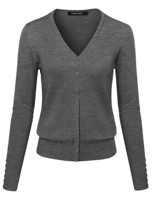 Women's Basic Solid V-Neck Button Closure Long Sleeves Sweater Cardigan