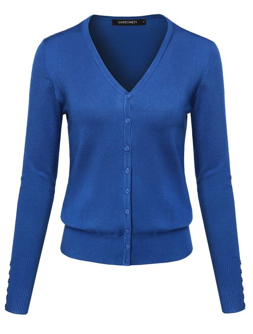 Women's Basic Solid V-Neck Button Closure Long Sleeves Sweater Cardigan