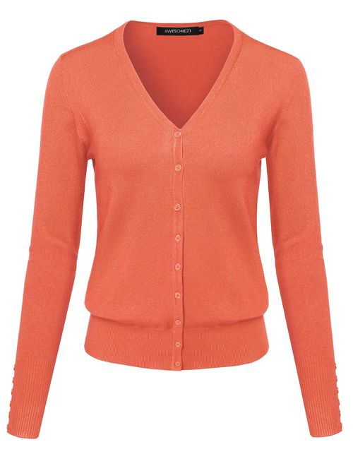 Women's Basic Solid V-Neck Button Closure Long Sleeves Sweater Cardigan