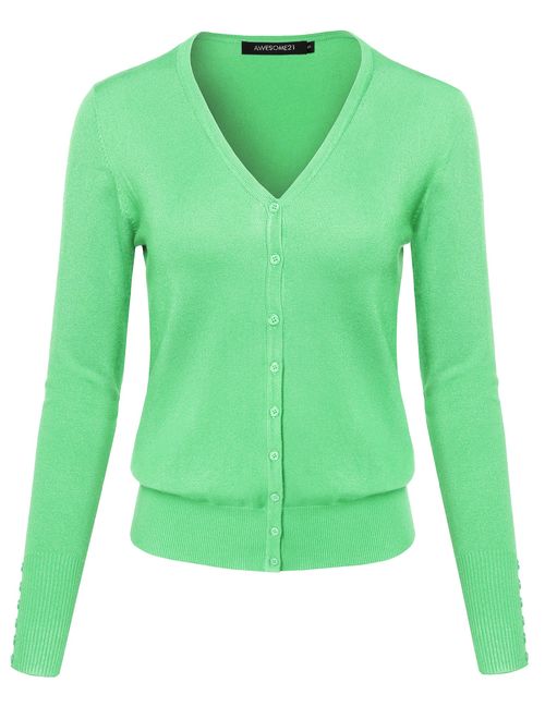 Women's Basic Solid V-Neck Button Closure Long Sleeves Sweater Cardigan