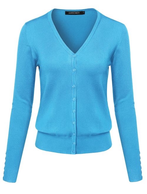 Women's Basic Solid V-Neck Button Closure Long Sleeves Sweater Cardigan