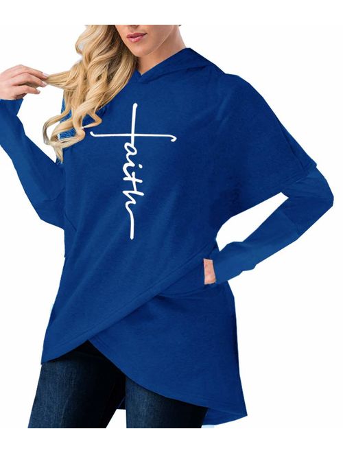 Women's Long Sleeve Hoodie Asymmetric Hem Wrap Hooded Sweatshirt Letter Print Pullover Tops with Pockets