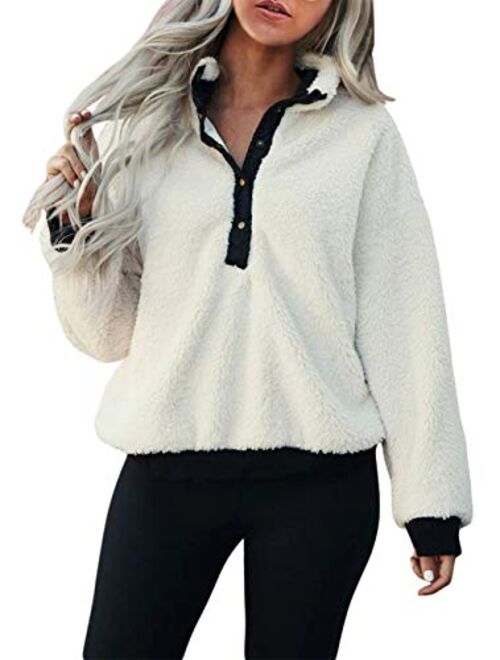 KIRUNDO Winter Women's Mock Neck Pullover Long Sleeves Half Button Closure Sweatshirt Fleeces Ribbed Hem Outwear