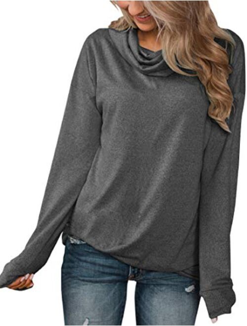 Minthunter Women's Long Sleeve Pullovers Cowl Neck Henleys Shirt Casual Sweatershirt Tops