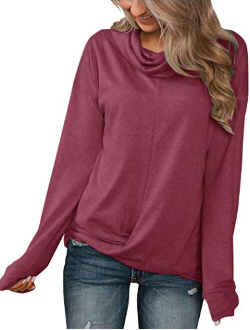 Minthunter Women's Long Sleeve Pullovers Cowl Neck Henleys Shirt Casual Sweatershirt Tops