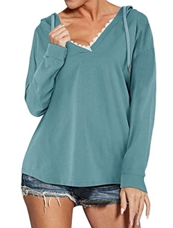 WLLW Womens Long Sleeve Deep V Neck Drawstring Sweatshirt Hoodies Tops Blouse