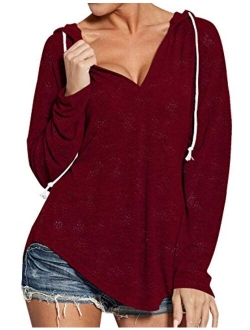 WLLW Womens Long Sleeve Deep V Neck Drawstring Sweatshirt Hoodies Tops Blouse