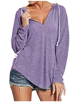 WLLW Womens Long Sleeve Deep V Neck Drawstring Sweatshirt Hoodies Tops Blouse