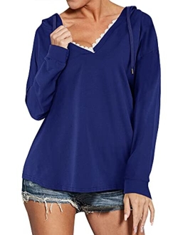 WLLW Womens Long Sleeve Deep V Neck Drawstring Sweatshirt Hoodies Tops Blouse