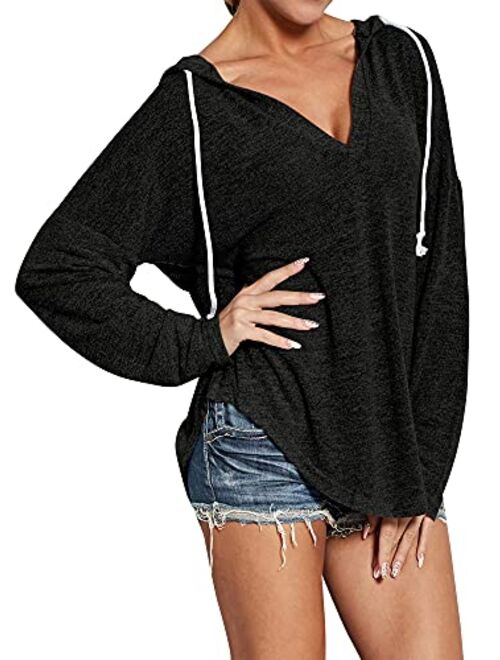 WLLW Womens Long Sleeve Deep V Neck Drawstring Sweatshirt Hoodies Tops Blouse