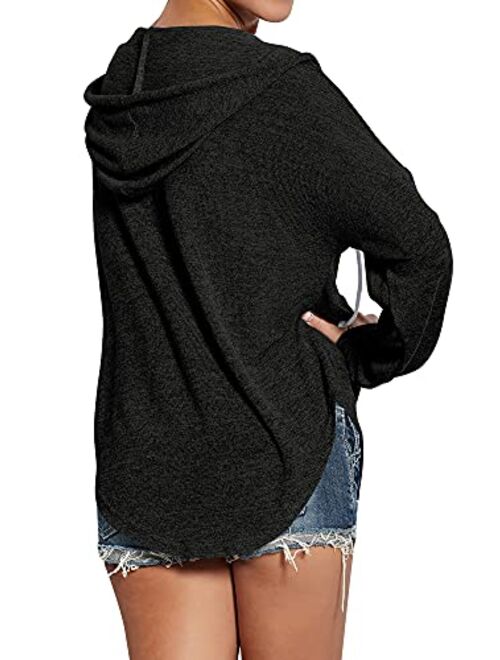 WLLW Womens Long Sleeve Deep V Neck Drawstring Sweatshirt Hoodies Tops Blouse