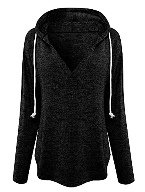 WLLW Womens Long Sleeve Deep V Neck Drawstring Sweatshirt Hoodies Tops Blouse