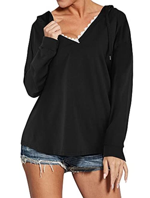 WLLW Womens Long Sleeve Deep V Neck Drawstring Sweatshirt Hoodies Tops Blouse