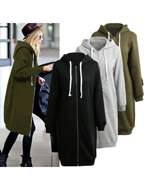 Romacci Women's Casual Zip up Hoodies Pockets Tunic Sweatshirt Long Hoodie Outerwear Jacket Dress