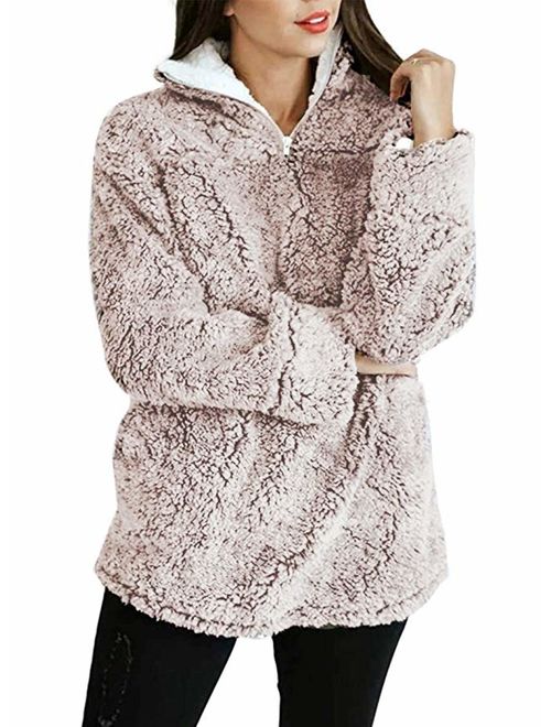 MIROL Women's Long Sleeve 1/4 Zipper Pullover Sherpa Fleece Winter Oversized Outwear Sweatshirt Coat with Pockets