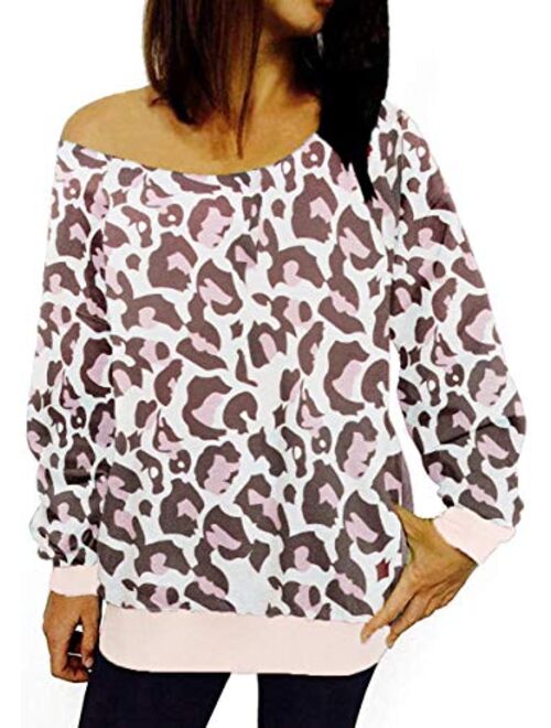 GSVIBK Womens Off Shoulder Sweatshirt Long Sleeve Black Sweatshirts Leopard Print Tops Slouchy Pullover Shirts