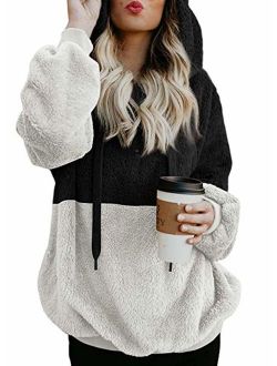 Actloe Women Casual Fuzzy Sweatshirt Hooded Loose Outwear with Pockets