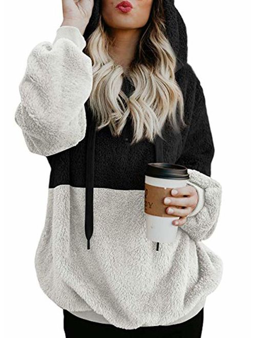 Actloe Women Casual Fuzzy Sweatshirt Hooded Loose Outwear with Pockets