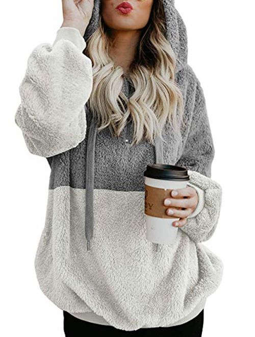 Actloe Women Casual Fuzzy Sweatshirt Hooded Loose Outwear with Pockets