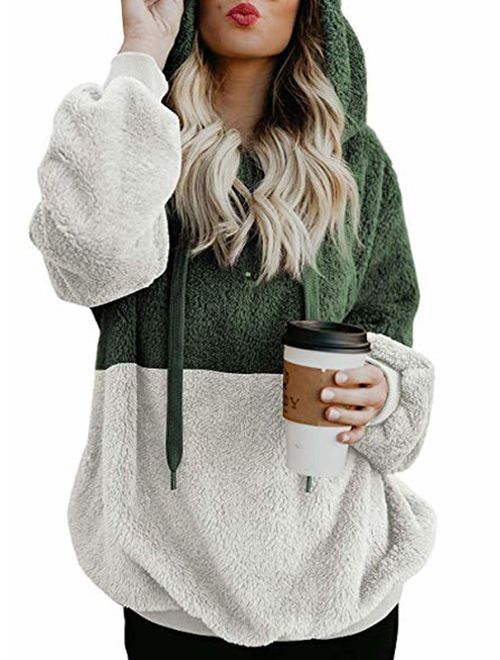 Actloe Women Casual Fuzzy Sweatshirt Hooded Loose Outwear with Pockets