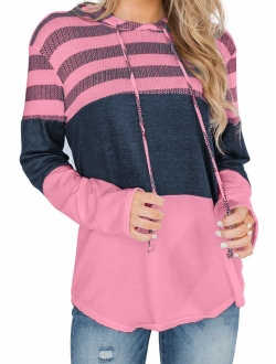 Actloe Women Long Sleeve Striped Color Block Casual Hoodies Loose Patchwork Pullover Sweatshirt Knit Tops