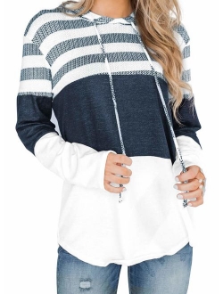 Actloe Women Long Sleeve Striped Color Block Casual Hoodies Loose Patchwork Pullover Sweatshirt Knit Tops