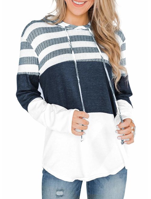 Actloe Women Long Sleeve Striped Color Block Casual Hoodies Loose Patchwork Pullover Sweatshirt Knit Tops