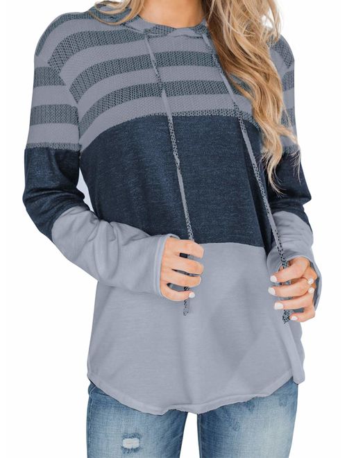 Actloe Women Long Sleeve Striped Color Block Casual Hoodies Loose Patchwork Pullover Sweatshirt Knit Tops