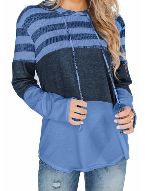 Actloe Women Long Sleeve Striped Color Block Casual Hoodies Loose Patchwork Pullover Sweatshirt Knit Tops