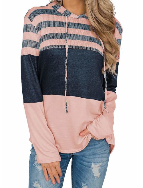 Actloe Women Long Sleeve Striped Color Block Casual Hoodies Loose Patchwork Pullover Sweatshirt Knit Tops