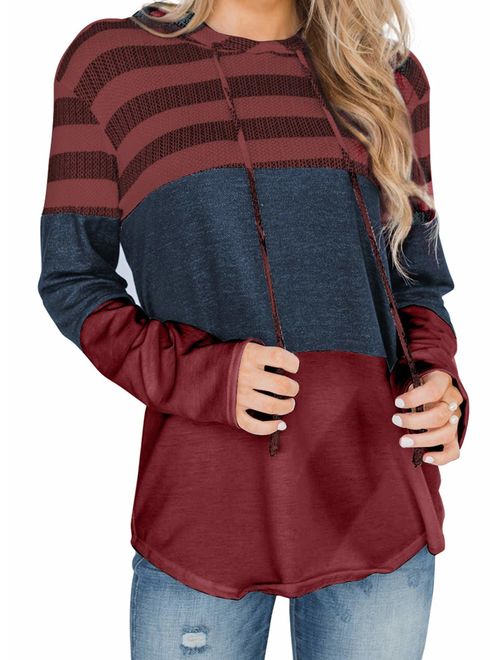 Actloe Women Long Sleeve Striped Color Block Casual Hoodies Loose Patchwork Pullover Sweatshirt Knit Tops