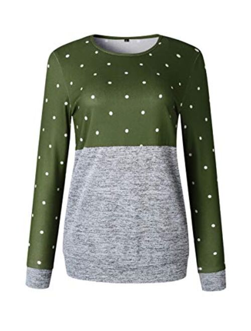 ECOWISH Women's Polka Dot Print Patchwork Long Sleeve Crew Neck T Shirt Casual Blouse Tops