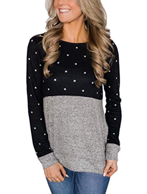 ECOWISH Women's Polka Dot Print Patchwork Long Sleeve Crew Neck T Shirt Casual Blouse Tops