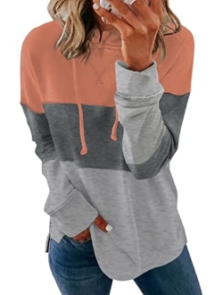 Biucly Womens Casual Loose Color Block Long Sleeve Solid Crew Neck Soft Pullovers Blouses Sweatshirt Shirt Tops(S-2XL)