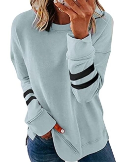 Biucly Womens Casual Loose Color Block Long Sleeve Solid Crew Neck Soft Pullovers Blouses Sweatshirt Shirt Tops(S-2XL)