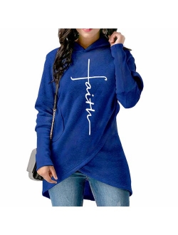 Womens Casual Long Sleeve Faith Letter Printed Hoodie Sweatshirt with Pockets