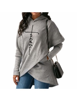 Womens Casual Long Sleeve Faith Letter Printed Hoodie Sweatshirt with Pockets