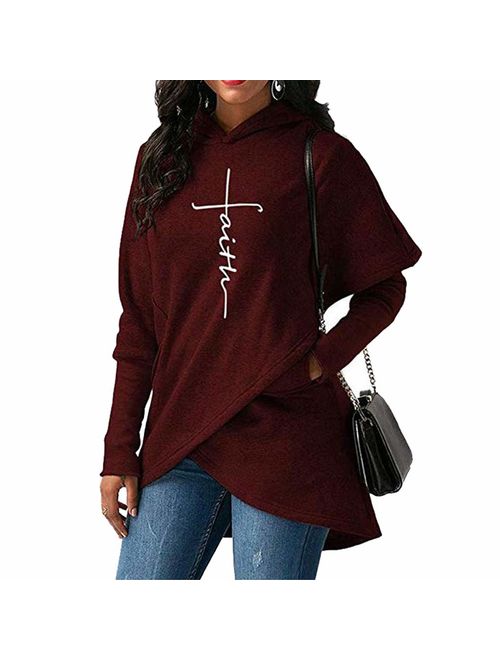 Womens Casual Long Sleeve Faith Letter Printed Hoodie Sweatshirt with Pockets