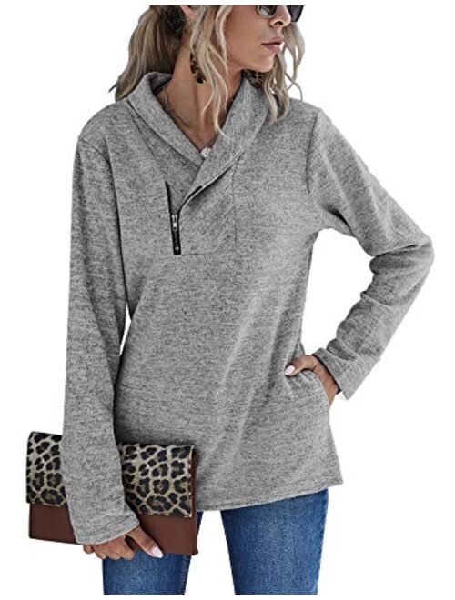 Romanstii Women Fleece Pullover Sweatshirt Oblique Button Neck Long Sleeve Warm Casual Coat Outwear(S-XXL)