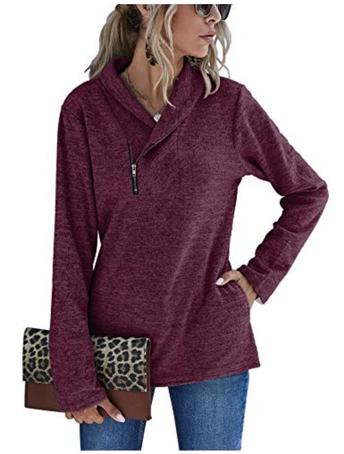 Romanstii Women Fleece Pullover Sweatshirt Oblique Button Neck Long Sleeve Warm Casual Coat Outwear(S-XXL)