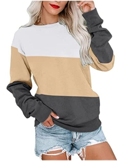 PGANDS Womens Crew Neck Color Block/Solid Sweatshirts Tops Long Sleeve Casual Pullover Cute Lightweight Loose Tops